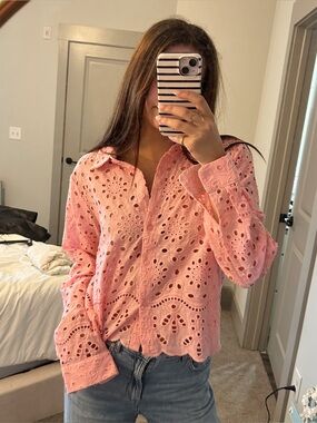Ultra Pink Eyelet Collared Button Down